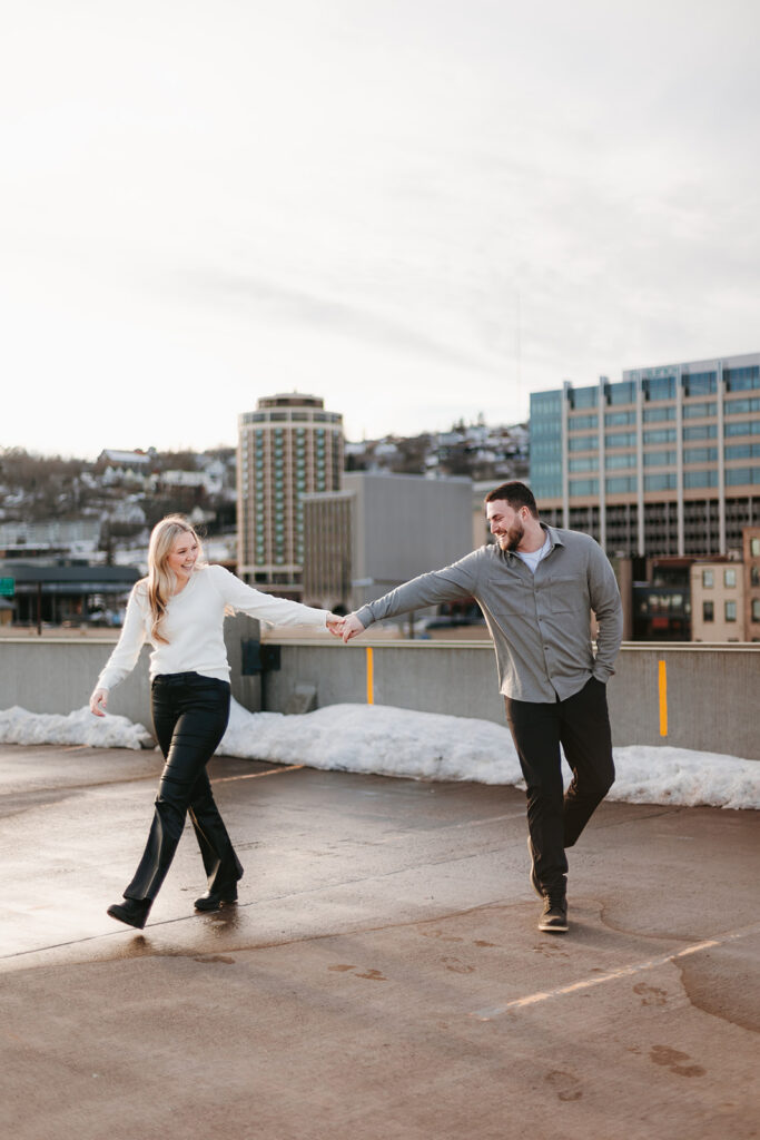 City engagement photos in parking ramp
